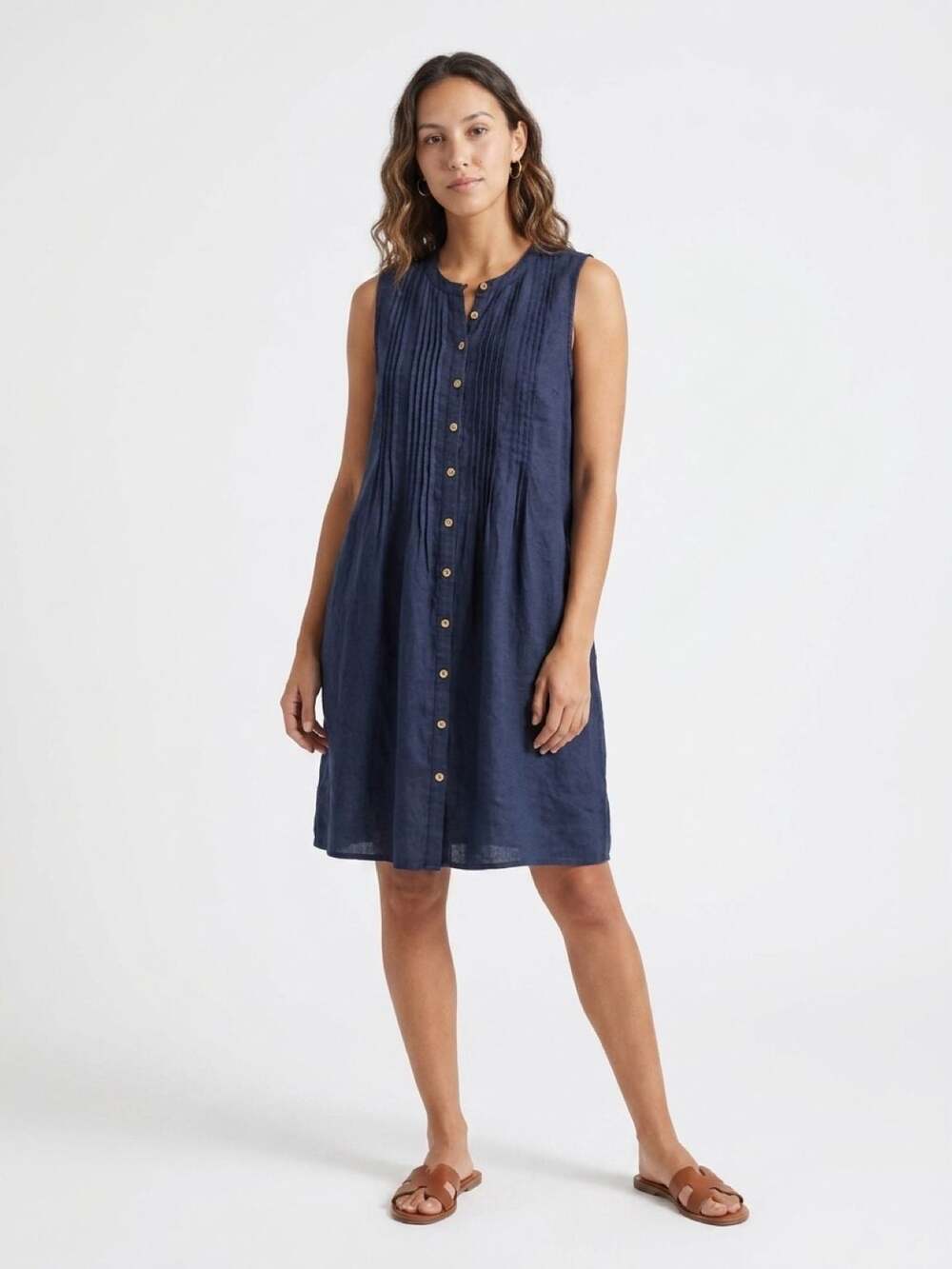Quince Women's 100% European Linen Sleeveless Pintuck Swing Dress in Navy - Picture 1 of 3